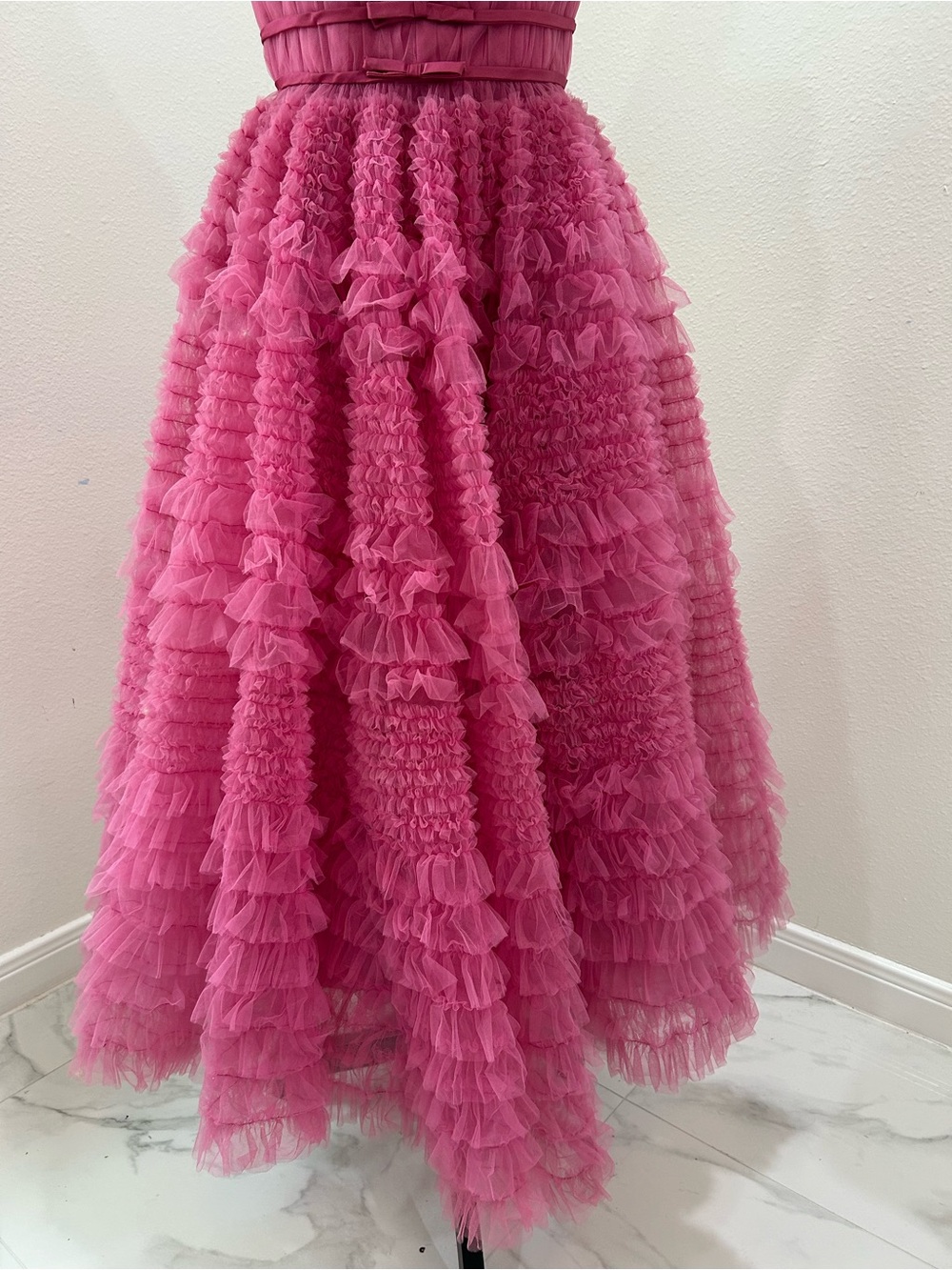 Clifton Wilhite Vintage 1960’s Pink Ruffled Tulle Strapless Midi Dress - Picture 3 of 11